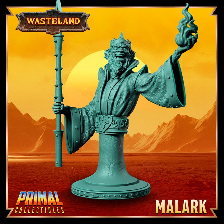 Bust of Malark, the sorcerer king, depicted with ornate robes, a spiked staff in one hand, and a fiery conjuration in the other, radiating arcane might.