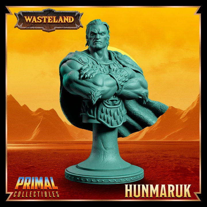 Hunmaruk bust in human form, showcasing a stern gaze, crossed arms, and ceremonial attire, exuding an air of authority.
