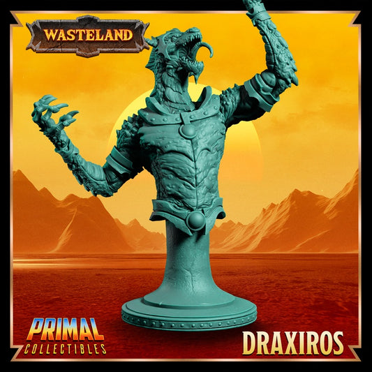 Bust of Draxiros with a detailed snarling expression, sharp teeth, and intricate armored torso, perfect for display.