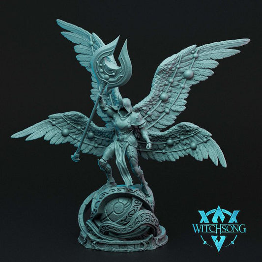 Angelic warrior Novalight Seraph in dynamic battle pose, holding a massive staff while standing atop an ornate base with spread celestial wings.