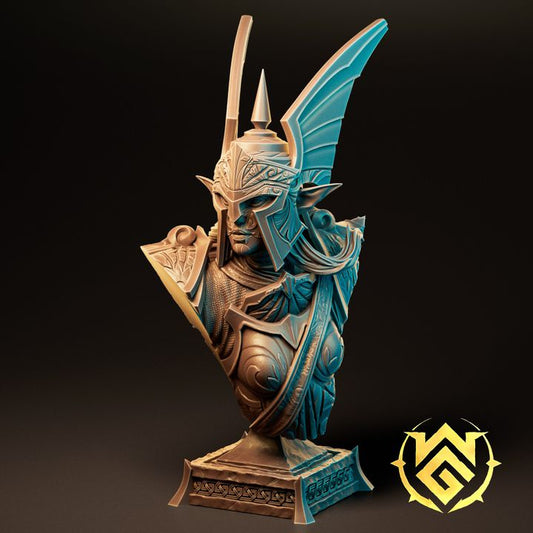 Detailed bust of an elven warrior in winged armor with a crest-topped helmet and intense gaze, mounted on a decorated plinth.