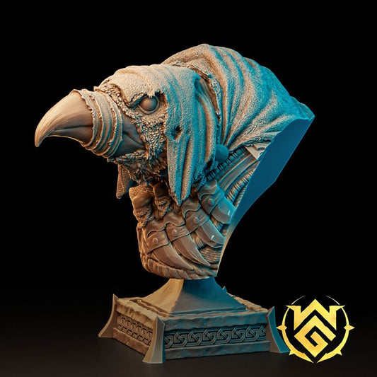 Bust of Kreak the Flightless, a kenku rogue wearing a torn hood and feathered armor, with stitched fabric over his beak and detailed layered plating on his chest.
