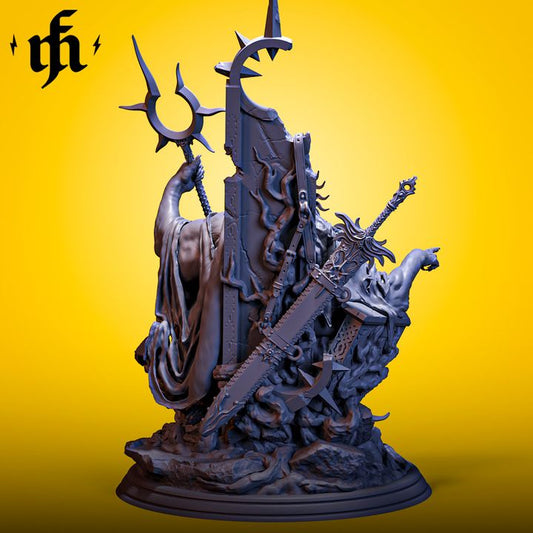 Back view of King Sun showing detailed throne with embedded swords, roots climbing the structure, and long staff raised high.