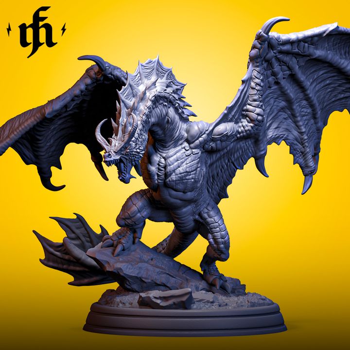 Maraesniz, The Ancient, a massive dragon with jagged horns, towering wings, and battle-scarred scales, standing menacingly on a rocky base.