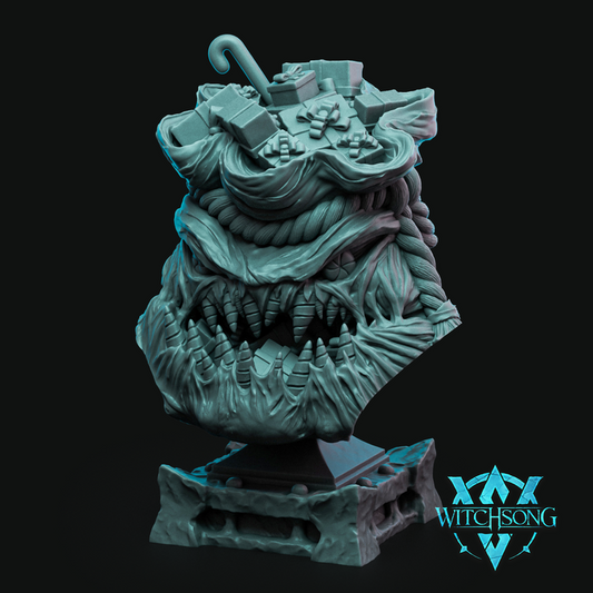 A monstrous mimic in the form of a sack of gifts, its gaping maw lined with razor-sharp teeth, topped with presents and candy canes.