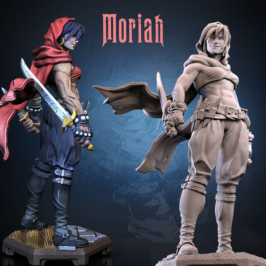 Side-by-side render of Moriah the Thief in full color and grayscale; wielding ornate blades, wearing layered clothing and earrings, with a red hooded scarf.