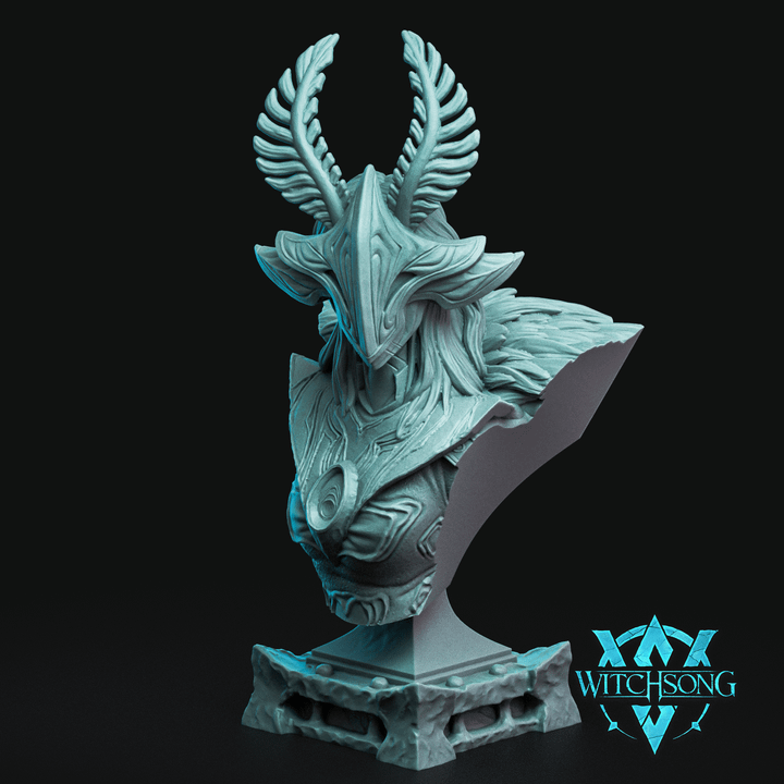 The Moth Queen bust from the WITCHSONG collection featuring intricate armor, horned crown, and detailed chestplate on a pedestal base.