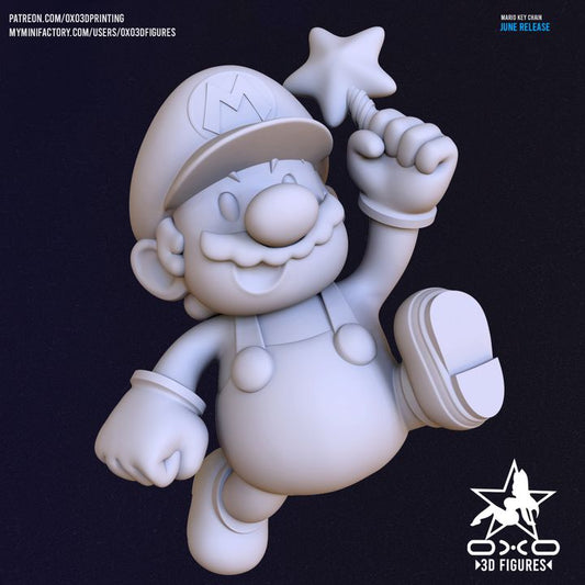 Unpainted version of Mario keychain figure mid-jump, holding a star and wearing hat and overalls, sculpted with chibi proportions.