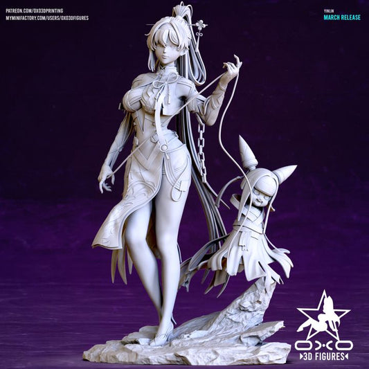 Close-up angle of Yinlin with ornate outfit textures, key-shaped hair accessory, and her doll companion posed to the side on a jagged base.