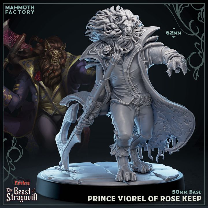 Prince Viorel of Rose Keep, a leonine beast clad in elegant but tattered noble attire, strides forward with a snarl, one clawed hand reaching out while gripping a curved battle axe.