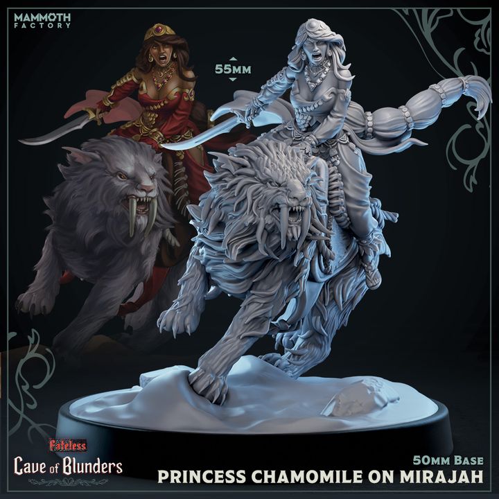 Princess Chamomile riding Mirajah the spirit tiger, wearing layered robes with a scimitar in hand, posed atop a 50mm base with flowing hair and a roaring feline companion beneath her.