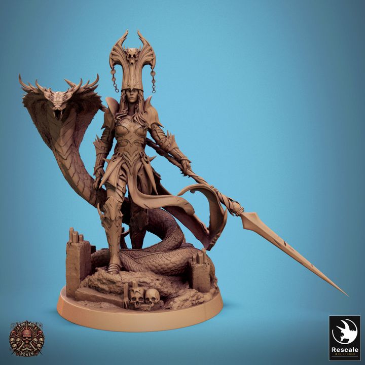 Queen Sanake miniature, clad in ornate armor with a dramatic headdress, holding a spear alongside a coiled serpent, standing on a base with skulls and ruined terrain.