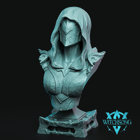 Bust of Rotbloom Priestess featuring a hooded entity with armored details and organic textures – collectible dark fantasy bust for display or painting.