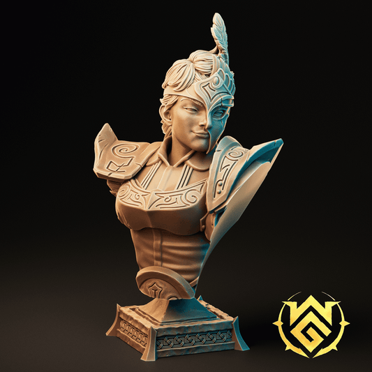 Royal Spearguard bust with ornamental shoulder armor and feathered helm, smirking with pride