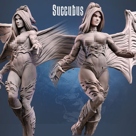 A succubus miniature with detailed demonic wings, flowing hair, and intricate armor, posed gracefully on a wooden palisade base.