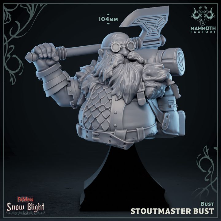 The Stoutmaster Bust captures a detailed dwarf figure perfect for painting or display. Featuring a rugged beard, chainmail armor, and a large axe resting on his shoulder, this collectible is ideal for fans of fantasy settings like Dungeons & Dragons or Pathfinder.