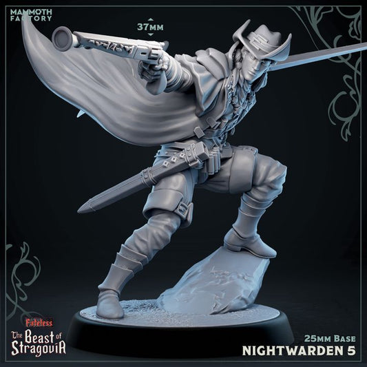 A dynamic, crouched marksman, aiming his rifle from a raised position. His hat casts a shadow over his face as his cape flows behind him.