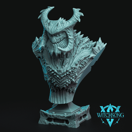 Swarm Matriarch bust collectible for Dungeons & Dragons and fantasy tabletop RPGs, showing insect queen’s horned head, layered chitinous chest, and menacing mandibles on a detailed display pedestal.