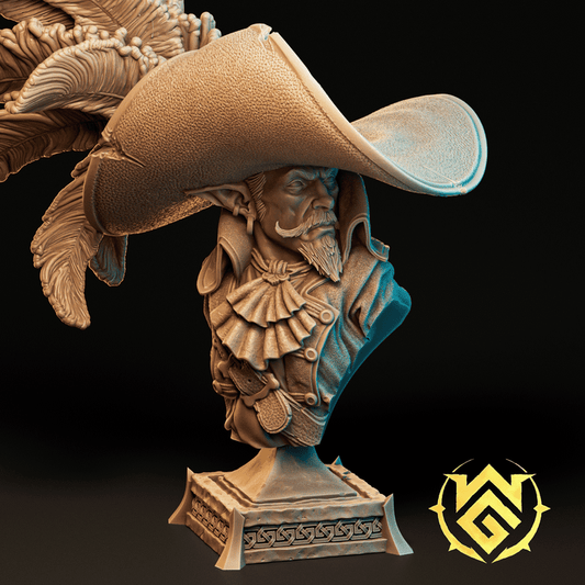 Bust of Tyrant Bartholomew gnome swashbuckler miniature for DnD and Pathfinder, featuring curled mustache, elaborate ruffled collar, ornate buttons, and oversized feathered hat on a decorative pedestal base.