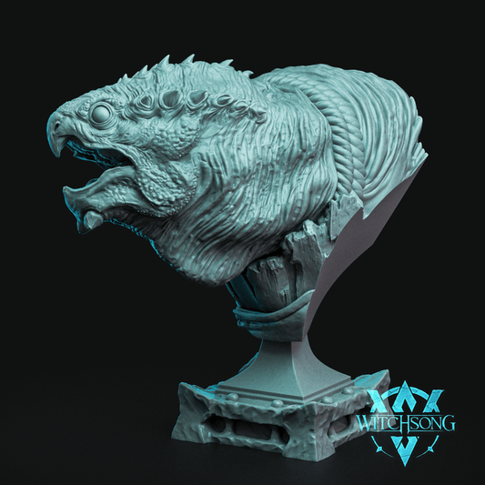 Giant turtle creature bust snarling with layered scales and spines, displayed on a jagged pedestal