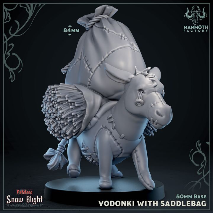 A stitched patchwork donkey figure carrying a large saddlebag and bundles, perfect as a quirky companion in dark fantasy TTRPGs like Dungeons & Dragons.