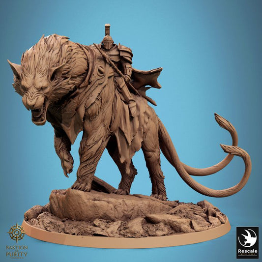 Feline Warden of the Prime with armored knight rider, snarling forward while standing atop a rocky base. Detailed fur texture and flowing cape on the mounted warrior.