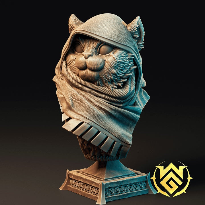 Winter’s Paw bust front view – feline druid bust wearing a heavy hood and scarf, detailed beastfolk spellcaster portrait for fantasy display or painting