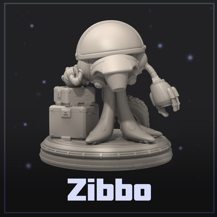 Rear view of Zibbo miniature in a suit with tentacles forming the lower body, standing beside cargo crates on a sci-fi platform base.
