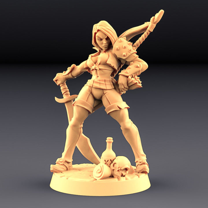 Alina the Bold figurine in a strong stance with short adventuring garb, sword drawn, and base decorated with dungeon loot – perfect for Dungeons & Dragons.