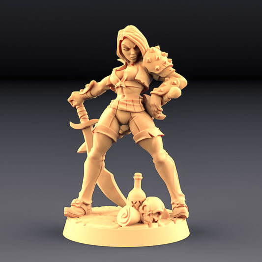 Female human rogue with a sword and spiked shoulder pad standing in a confident pose, surrounded by skull, scroll, and potion bottle โ Alina the Bold.