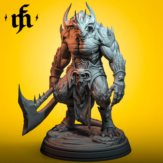 Baal Valak, Fury Incarnated, a hulking demon warrior with massive curved horns, gripping a brutal battle-axe, standing in a fearsome pose.