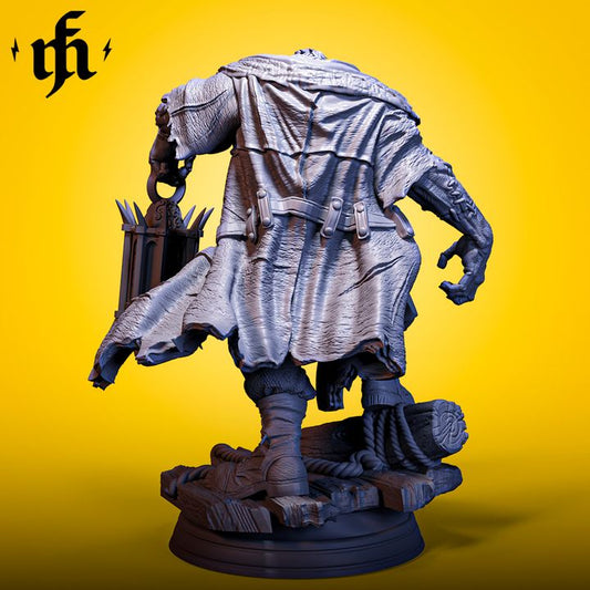 Rear view of Hansjürgen showing his broad back and flowing coat stitched together. The figure holds a heavy lantern and stands on a dock-themed base, with rope and broken timber.