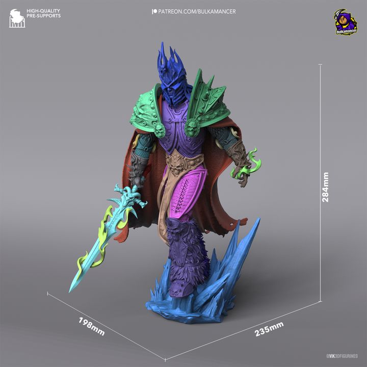 Dimension chart for the Arthas collectible figure, indicating its scale and detailed sculpt, suitable for display.