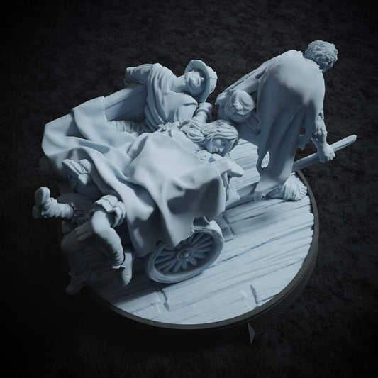 Overhead view of Grave John's cart, showing the pile of unfortunate souls he's lugging around.