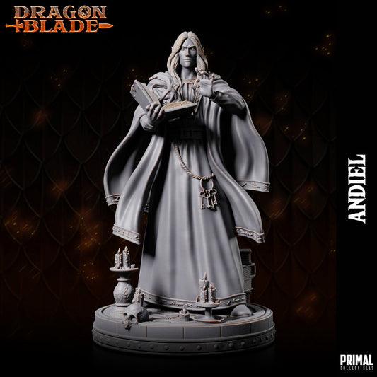 Andiel Dark Elf Wizard miniature for DnD and Pathfinder, standing on a round base with candles, skulls, flowing robes, and an open spellbook, perfect fantasy RPG figure.