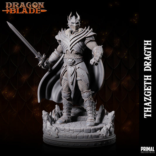 Thazgeth Draght Dragon Emperor miniature for DnD and Pathfinder, standing on a rocky base in full spiked armor with a massive sword raised and flowing cape, perfect fantasy RPG figure.