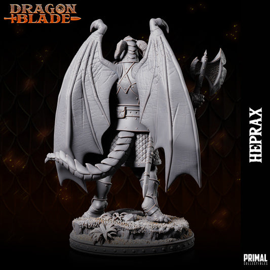 Rear view of Heprax the draconian warlord with wings spread wide, standing on a forested base and gripping a large axe.