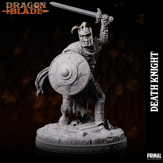 A Death Knight figurine raises a sword high, shield raised in defense, adorned in ornate armor with a tattered cloak and crowned helm.