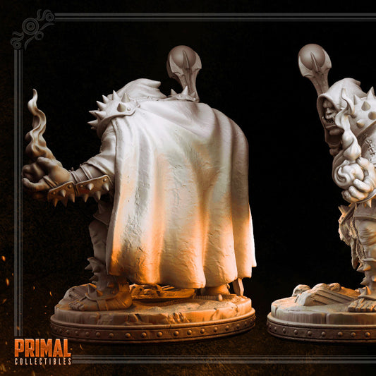 Back view of Borgakh showing his worn cloak draping over broad shoulders, with spiked gauntlets and staff visible from behind.