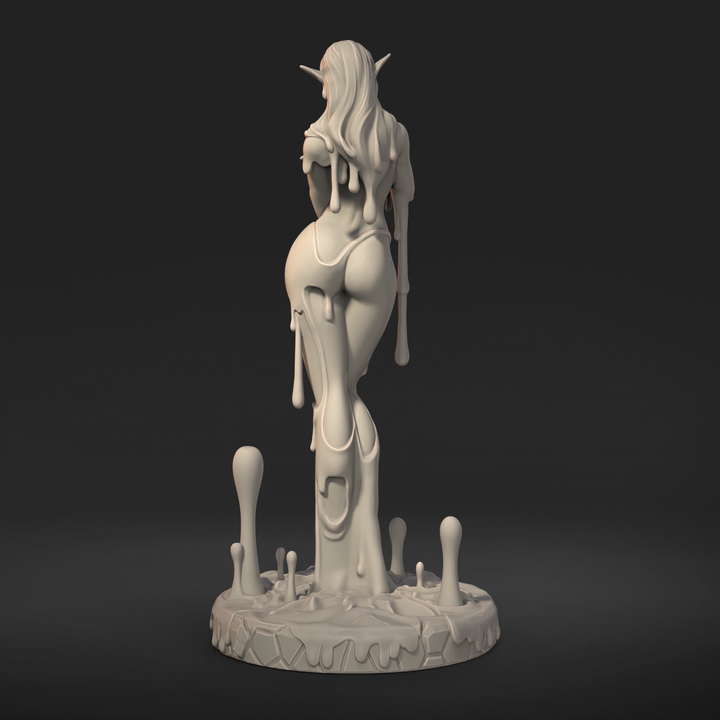Melthira back view render – long-haired slime girl figurine with elf ears and liquid-like back features pooling into the base.