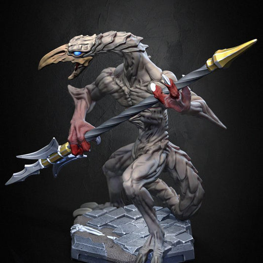Painted Slogra miniature posed with trident raised, beaked head, clawed hands, and sinewy body on a stone dungeon base.