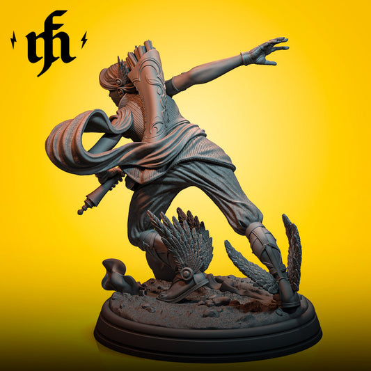 Female messenger character inspired by Hermes, depicted in mid-sprint with a flowing cape and mechanical wings, showcasing the back side of the pose.