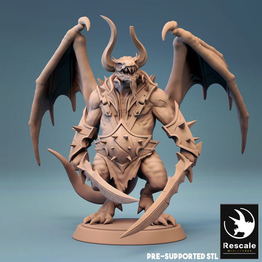 Half-dragon barbarian with horned head, wings, spiked armor, and dual curved blades in a battle stance.