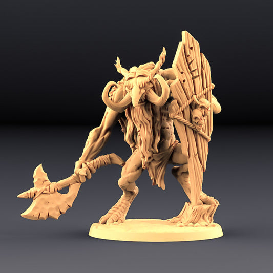 Zukki the troll warrior with horned skull helm, tribal shield, long beard, and jagged axe raised in a battle stance.