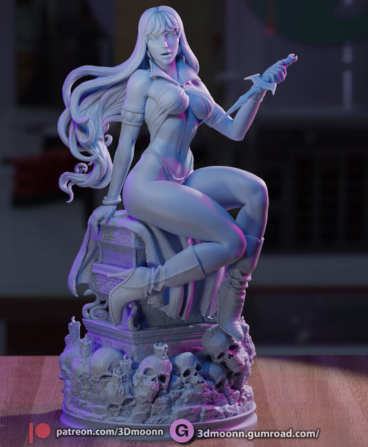 Unpainted render of Vampirella 1:6 scale statue showing sculpted details of her pose, dagger, and ornate base with skulls and candles.