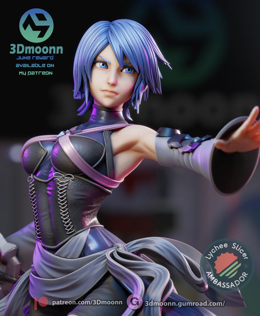 Close-up portrait of Aqua’s face with focused expression, shoulder armor, and sculpted hair and outfit details visible.