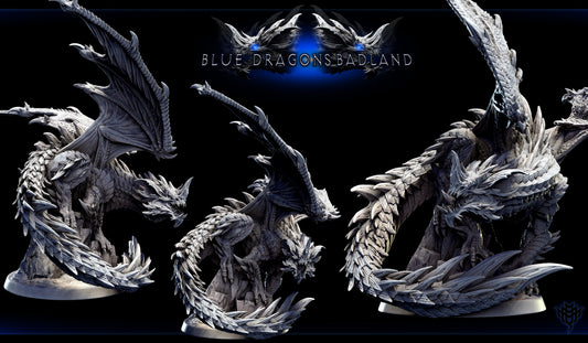 Adult Blue Dragon in a crouched stance, its massive wings spread wide and tail coiled around jagged terrain.