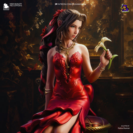 Fully colored render of Aerith from Final Fantasy VII seated on a cushion in a red dress, holding a lily with a gentle expression.