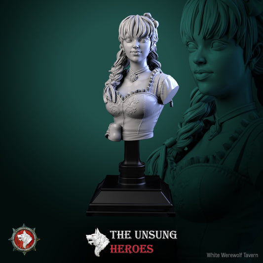 Alehouse Maid female bust with braided hair and mug, sculpted for painting and display, perfect for Dungeons & Dragons or Pathfinder enthusiasts