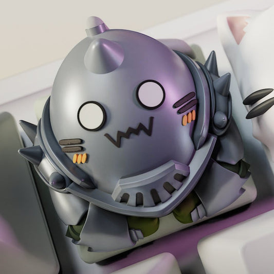 Alphonse Elric artisan keyboard keycap in full armor with stylized cat features on a mechanical keyboard key